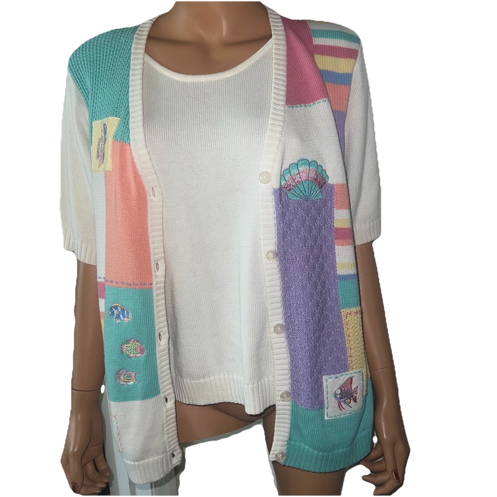 Vintage Seashell Cardigan Sweater M Pastel Colorblock Fish Grannycore