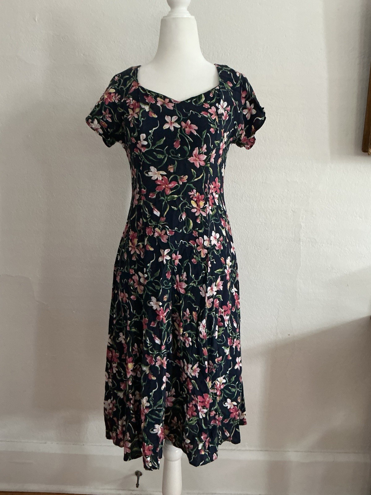 vintage young edwardian dress 90s Fit Flare Rayon Navy Pink Floral 5 S