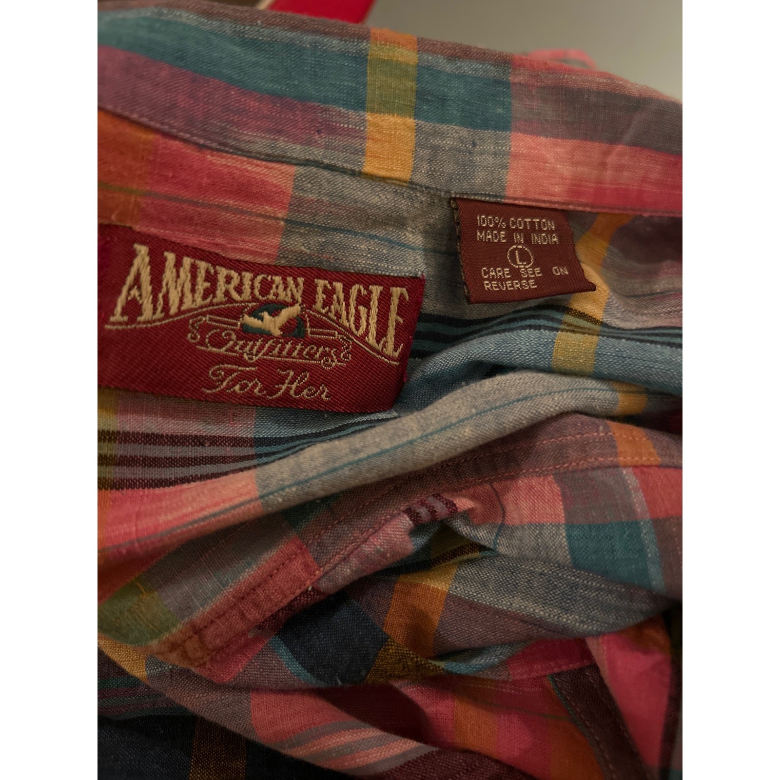 Vtg American Eagle 90s Lightweight Plaid Short Sleeve Shirt Classic Style Camp L
