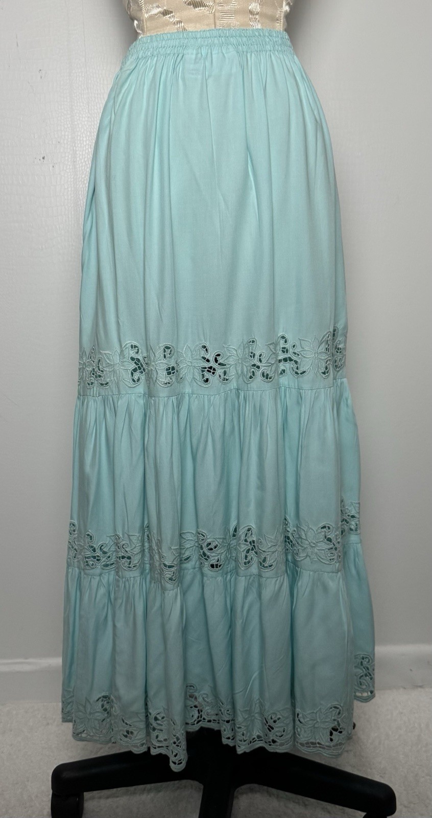 Vintage Aqua Blue Cutwork Lace 2 Pc Dress Set Boho Resort Maxi M