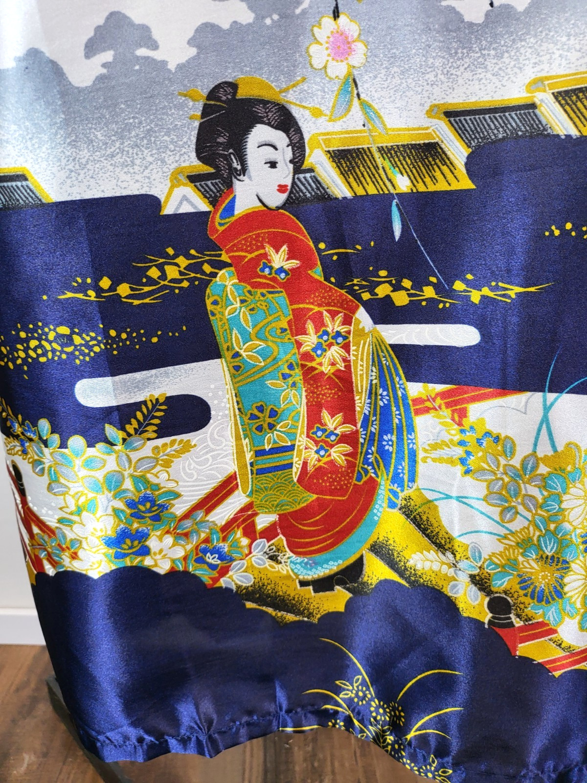 VTG Silver Dragon De Oriental Classic Blue Kimono Robe Geisha Womens XXL