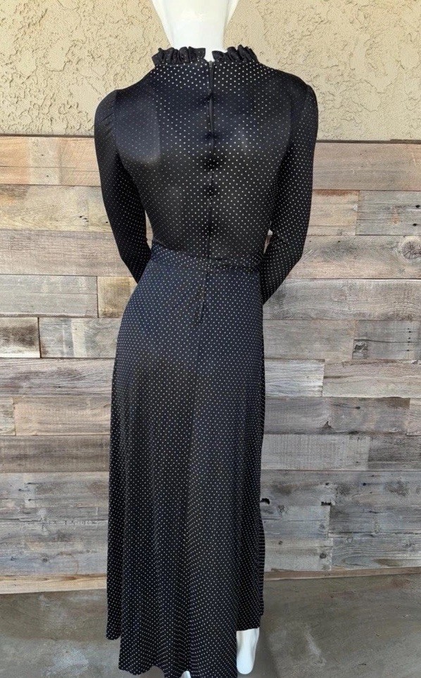 Vtg 70s ILGWU Union Made Black White Polka Dot Long Sleeve Maxi Dress Size 9