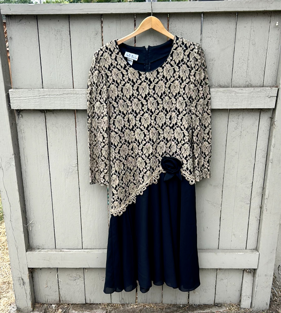 Vintage ANNA 1980&rsquo;s Formal Cocktail Dress Mobwife Metallic Lace Overlay 80&rsquo;s L