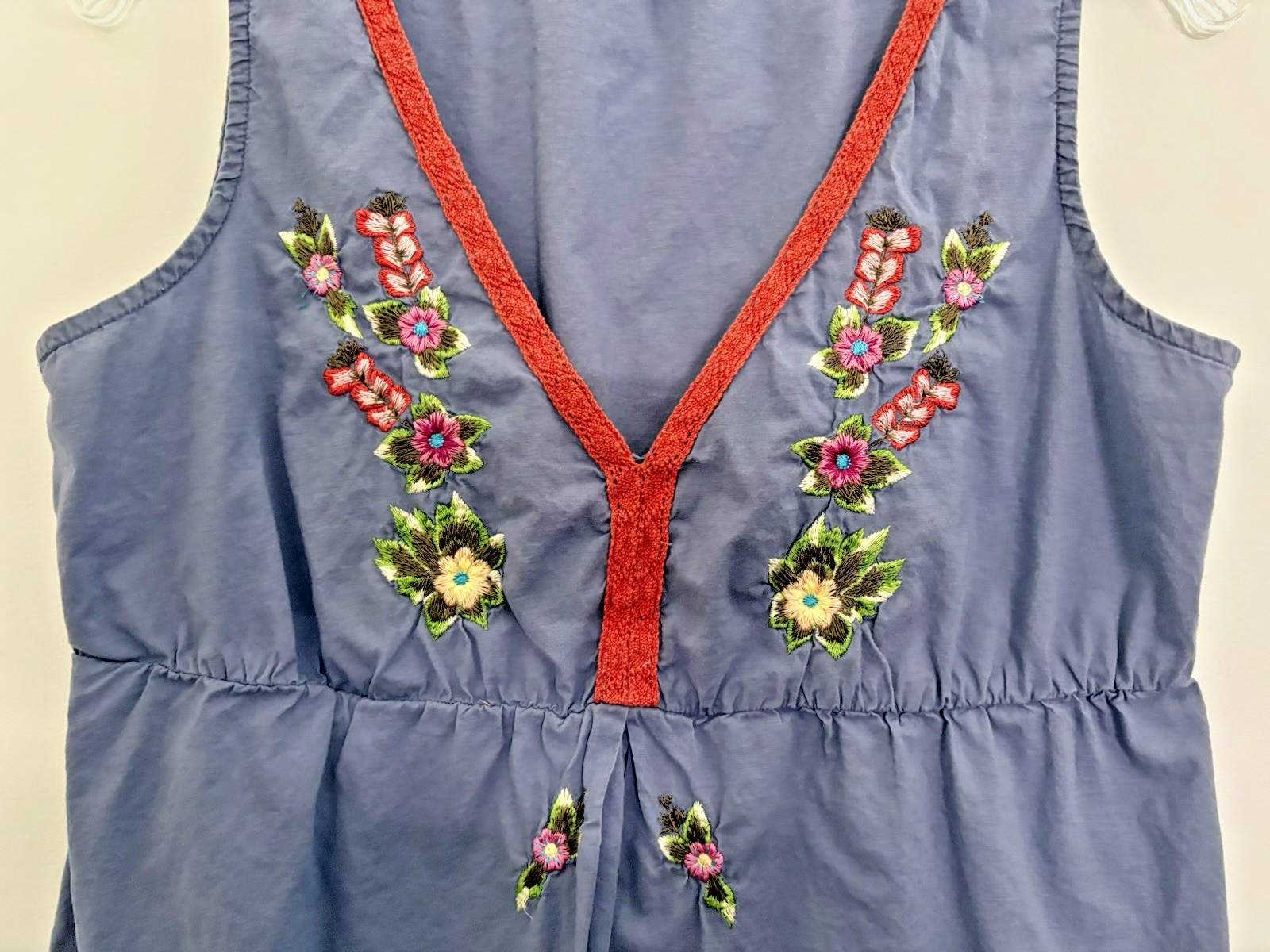 Boho VTG Old Navy Embroidered Flowers Blue Dress w/ Orange Trim Cotton MED