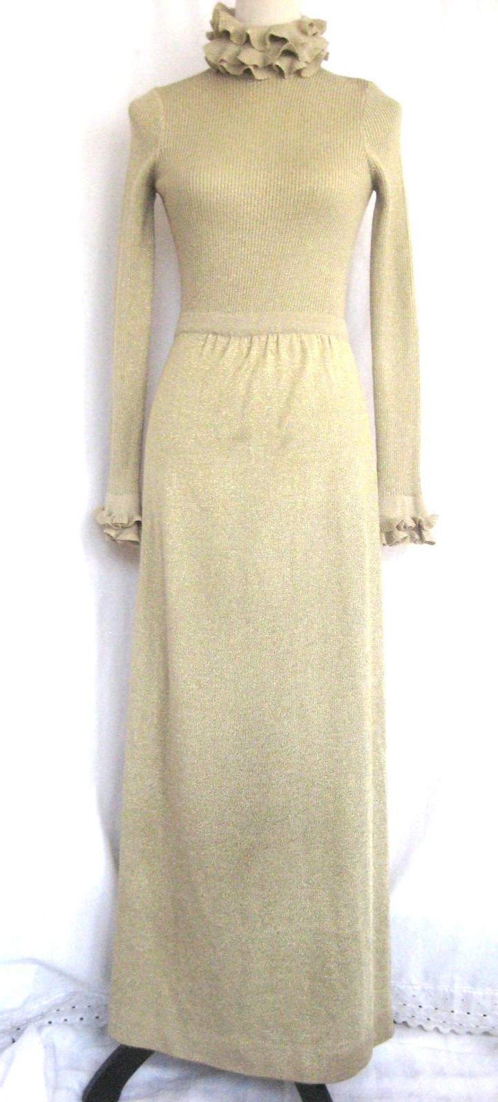 Vtg 70s Roncelli Black Knit Maxi Dress Ribbed Bodice Silver Size 11 Hong Kong