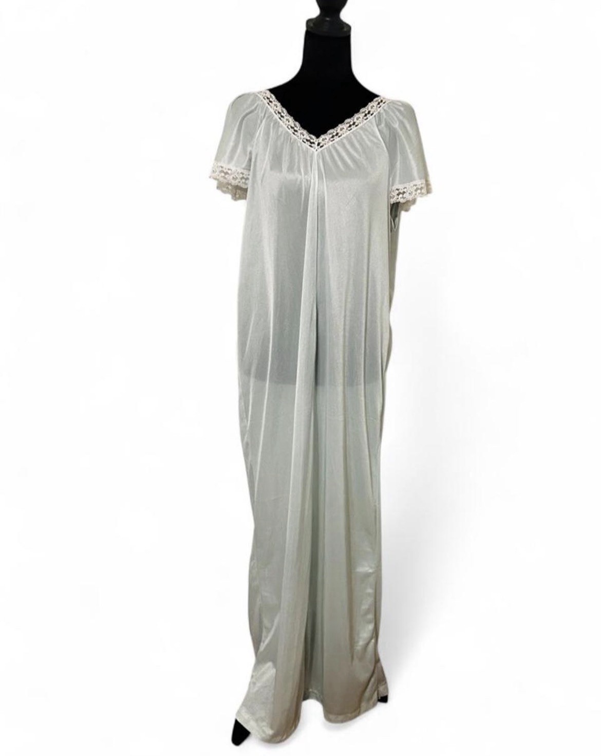 Vintage Sears Light Mint Green Lace Trim Nightgown 100% Bright Nylon Size 12-14