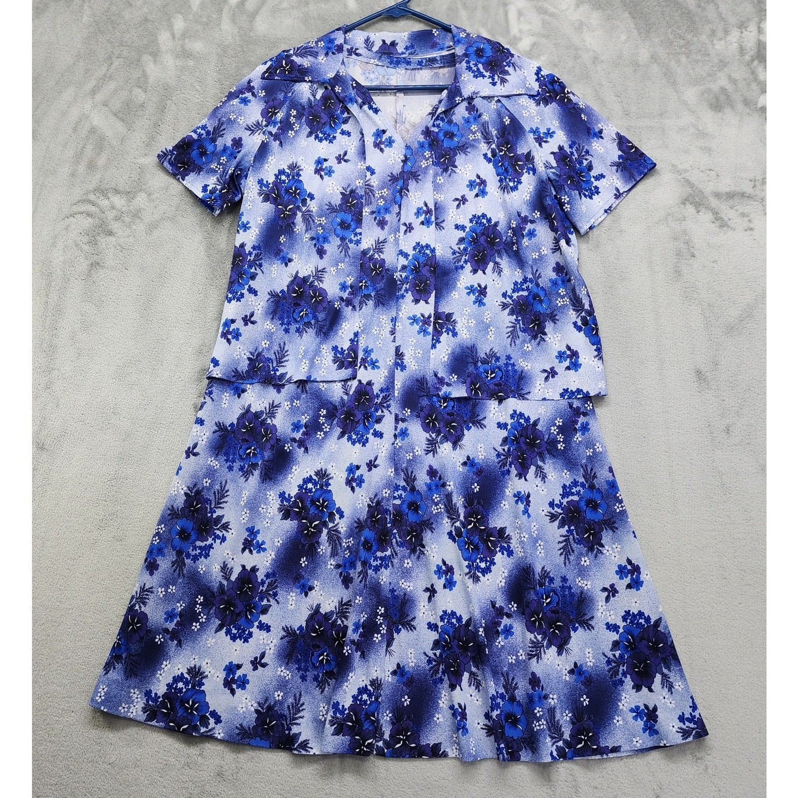 Vintage 70s Dress Jacket Set Size M Blue Floral Lightweight Stretch Short Sleeve