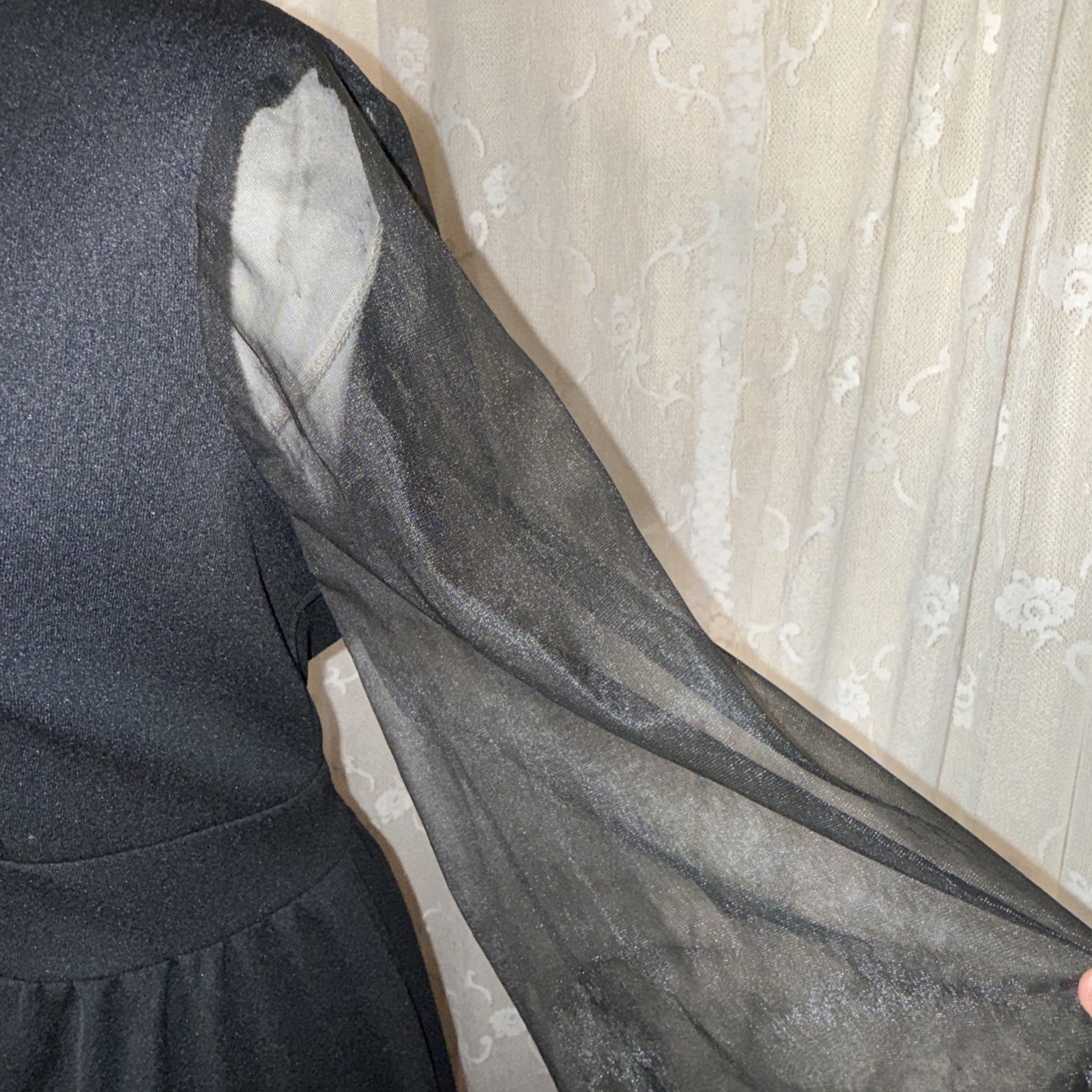 Vintage Puritan Forever Young Long Black Maxi Dress Sheer Sleeves Medium