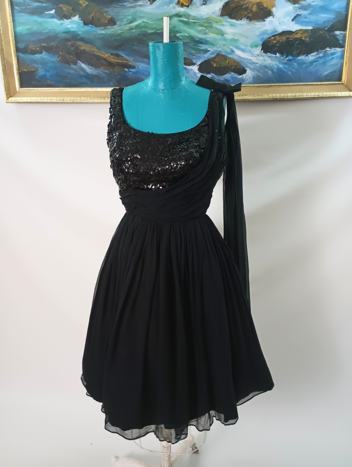 1950s Black Chiffon Crepe Cocktail Party Dress 1950s 1960s Pinup Witch Vintage