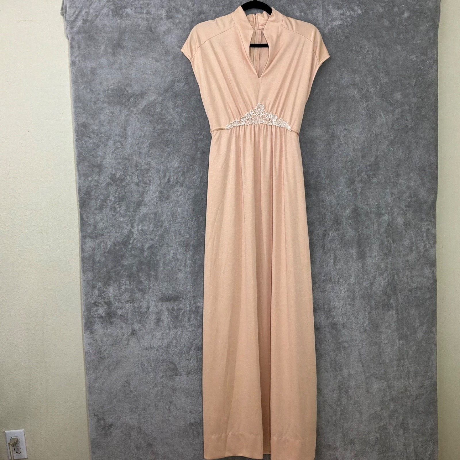 Vintage 70s Melissa Lane Maxi Dress Tan Nylon Boho Hippie lace trim tie back