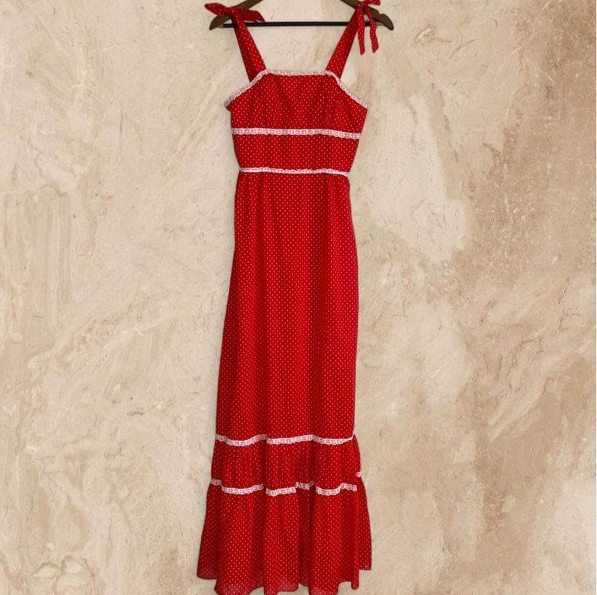 Vintage 1970s Red Polka Dot Maxi Prairie Dress with Lace Trim