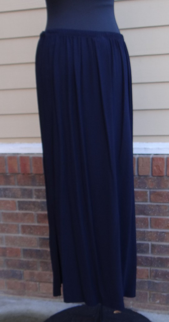 Cynthia Max Navy Long Pencil Side Slits Draw String Elastic Large Rayon Skirt