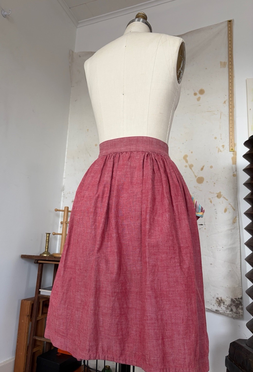 30s 40s Chambray Rayon Cotton Button Front Skirt Feedsack Pocket Workwear 24/25”