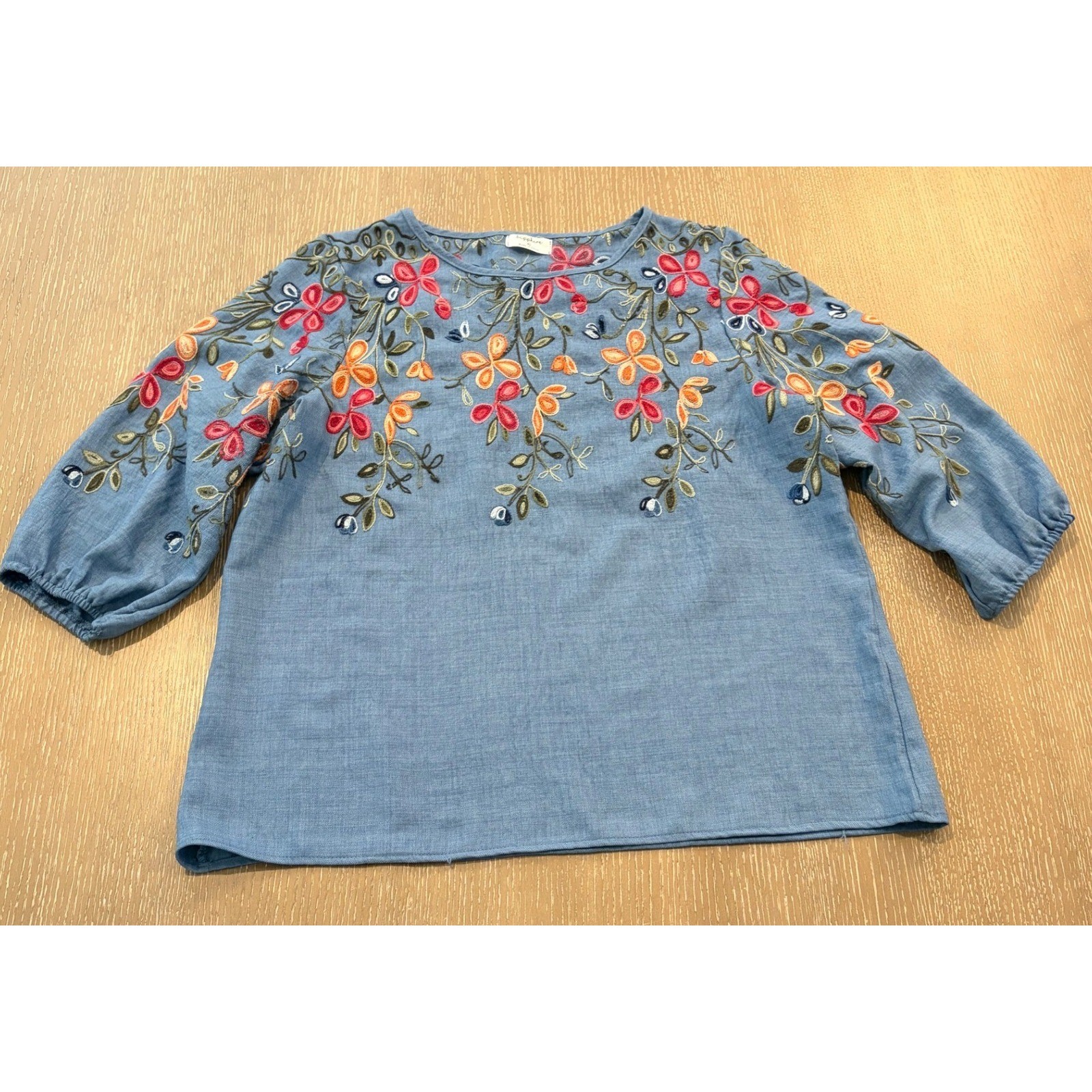 Sapphire Women&rsquo;s XL Blue Floral Embroidered Boho Blouse 3/4 Sleeve Top EUC