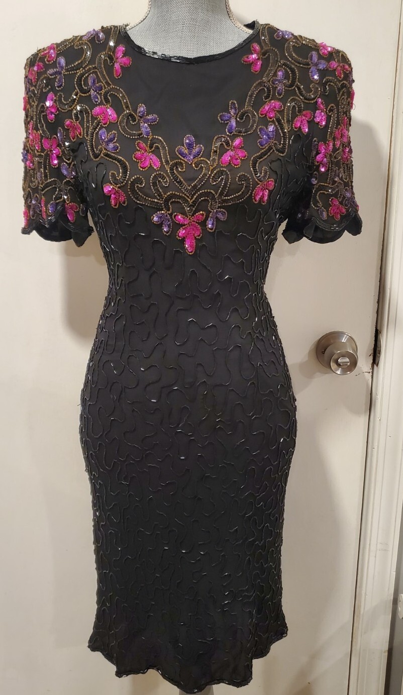 AP Ltd Vintage Black Purple Pink Beaded Sequin Dress 80s