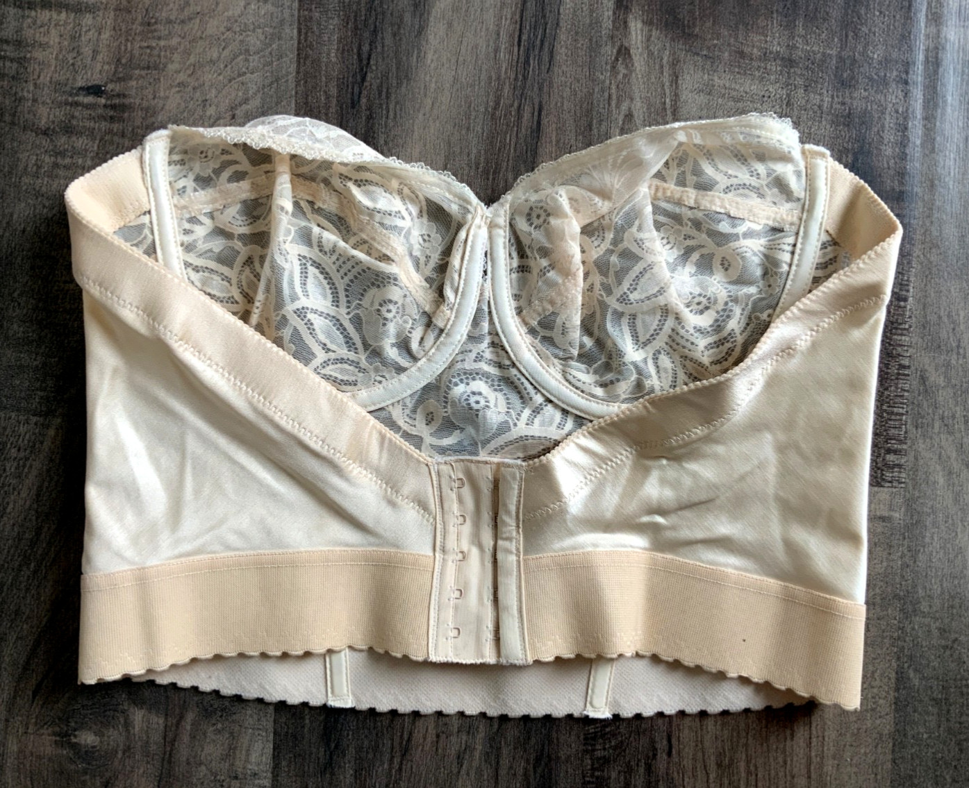 Vintage ADONNA Nude Beige Strapless Nylon LACE BUSTIER Bra Size 40C
