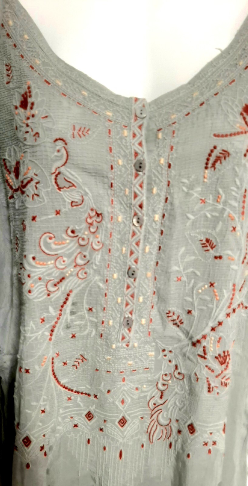 Johnny Was Gray Blouse Embroidered Floral Tunic 3/4 Sleeves Sheer Top Size Small
