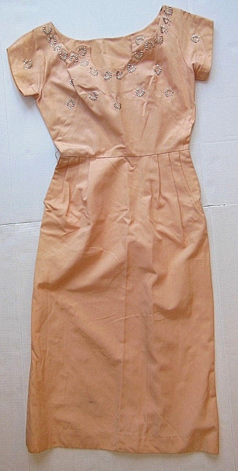 Vintage 1950&rsquo;s PEACHY PINK FAILLE DRESS Metal Rhinestones Embellishment – Size S
