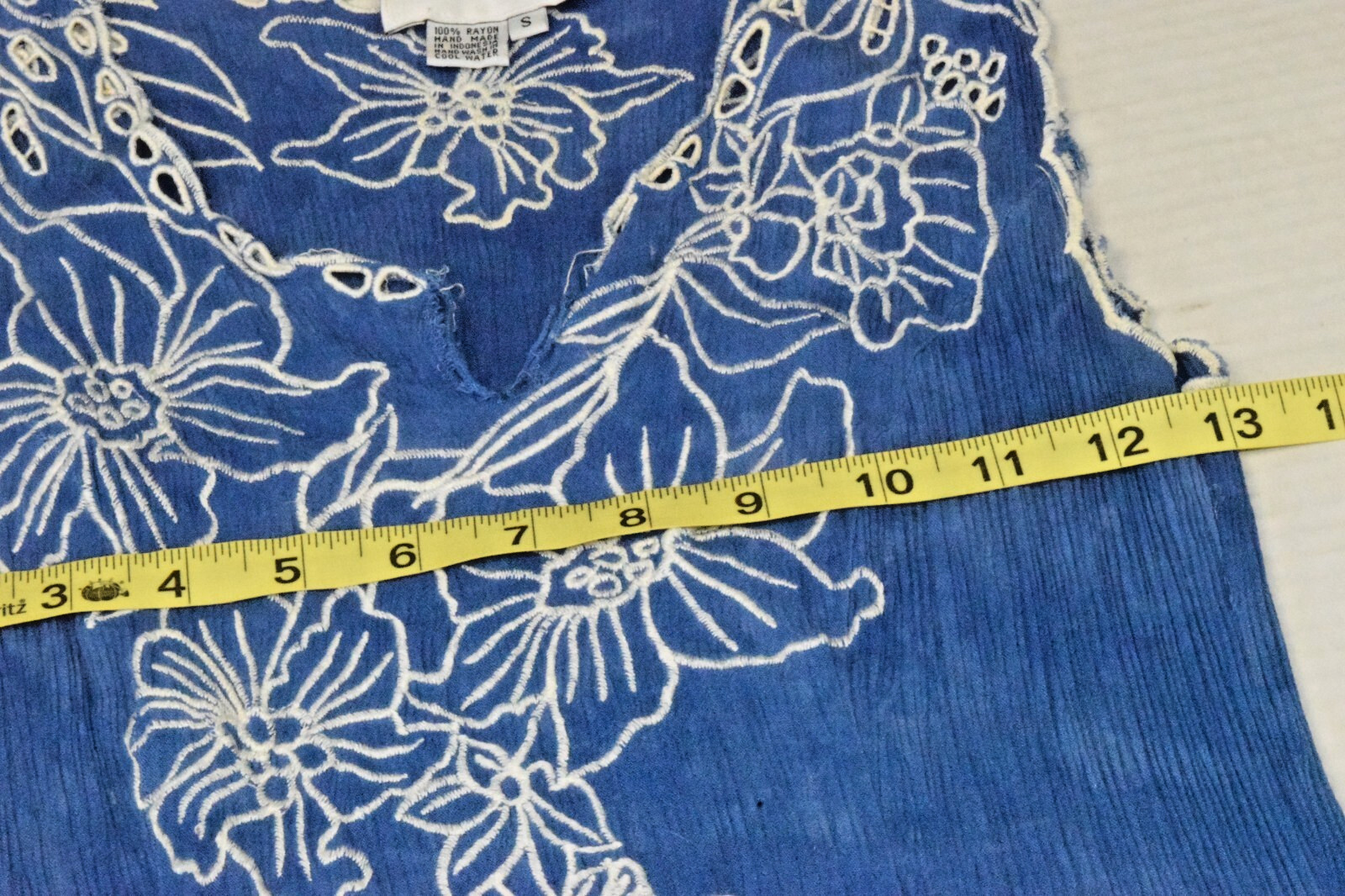 Vintage Dress Marcia and Me Size S 90s Ocean Blue Rayon Crinkle Embroidered Trim