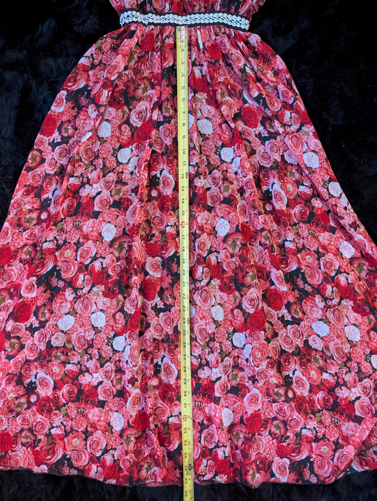 Romantic Red Rose Floral Chiffon Lined Midi Dress Empire Waist Scoop Neck