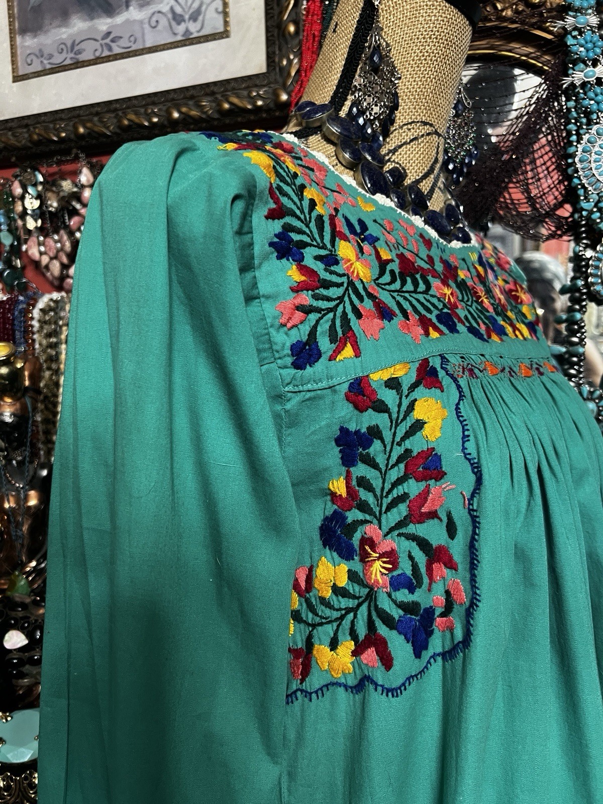 Beautiful Green Mexican Oaxaca Dress In Long Sleeve Multi Color Embroidery M/L