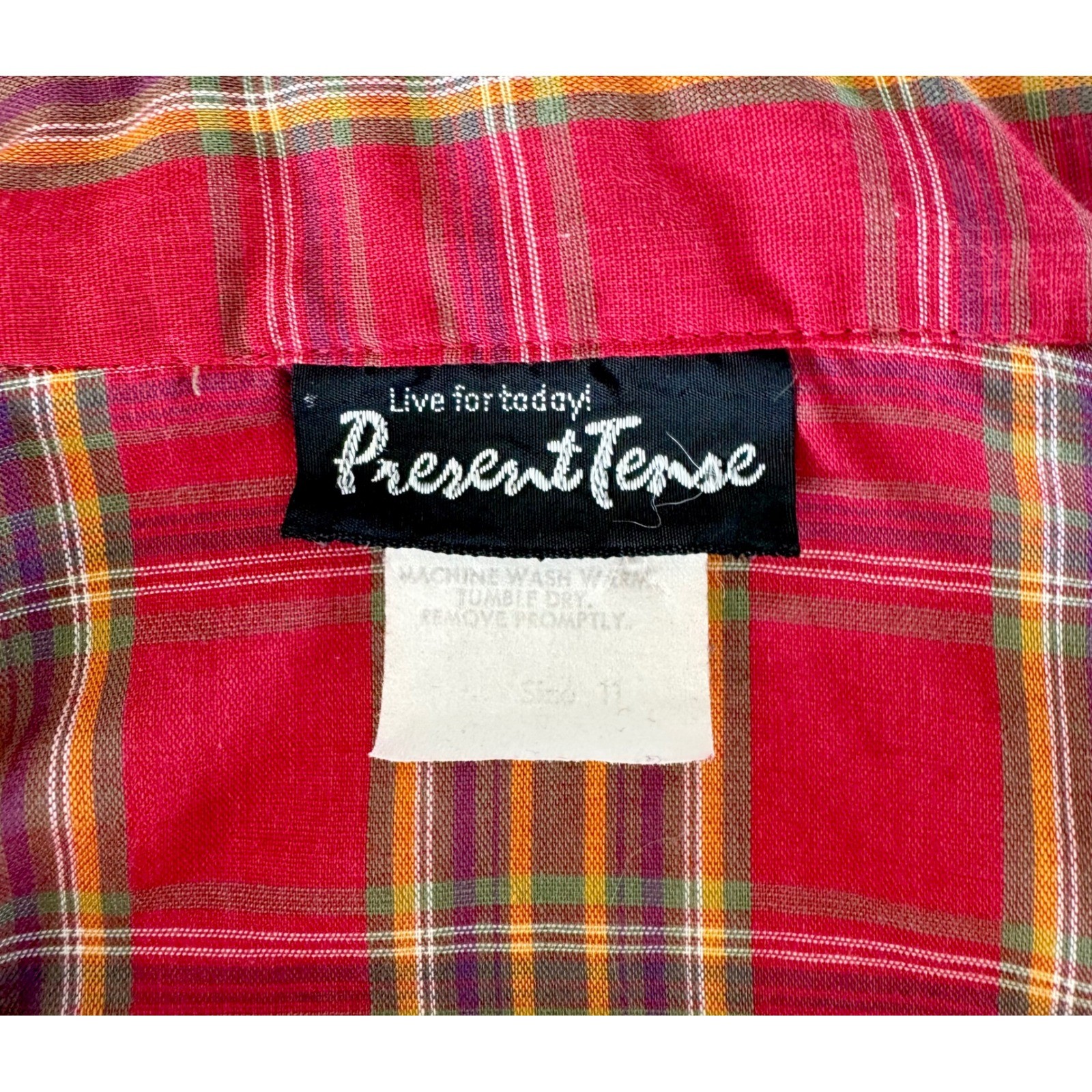 Present Tense Plaid Ruffle Blouse Womens Size M Red Vintage High Neck Victorian