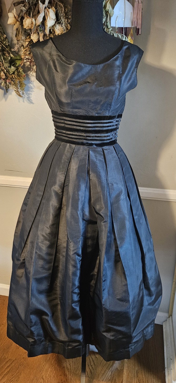 Vintage Mid Century Black Party Dress With Velvet Acented Waitline