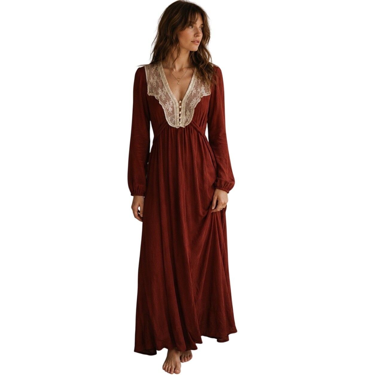 Vintage Roberta California Burnt Orange Rust Prairie Maxi Dress Lace Boho Small