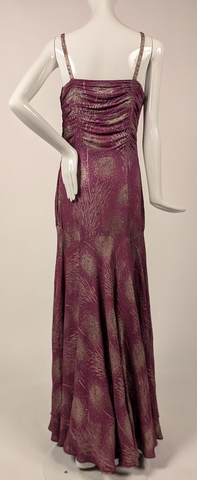 HOLLYWOOD GLAMOUR 1930’S METALLIC GOLD LAME BROCADE FUCHSIA LONG DRESS 