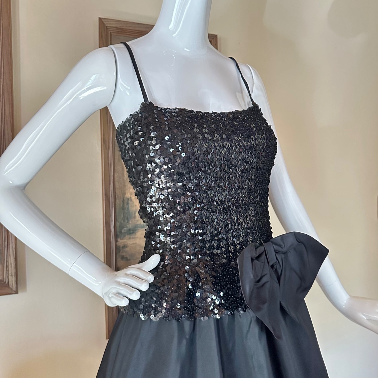Vintage 1980s Goth Black Sequin Taffeta Party Prom Dress Fit Flare 50s Style M/L