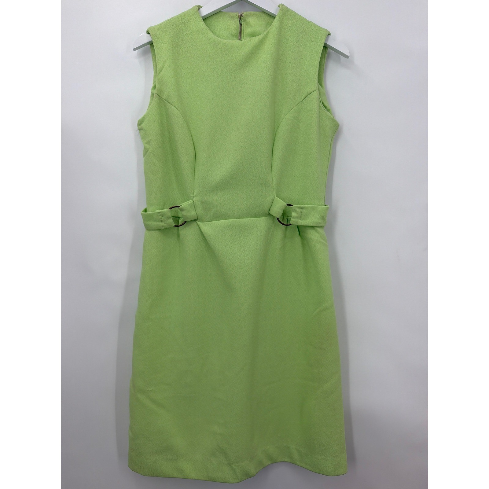 Vintage 60s Lime Green Mod Shift Dress Sleeveless O-Ring Waist Textured Crepe