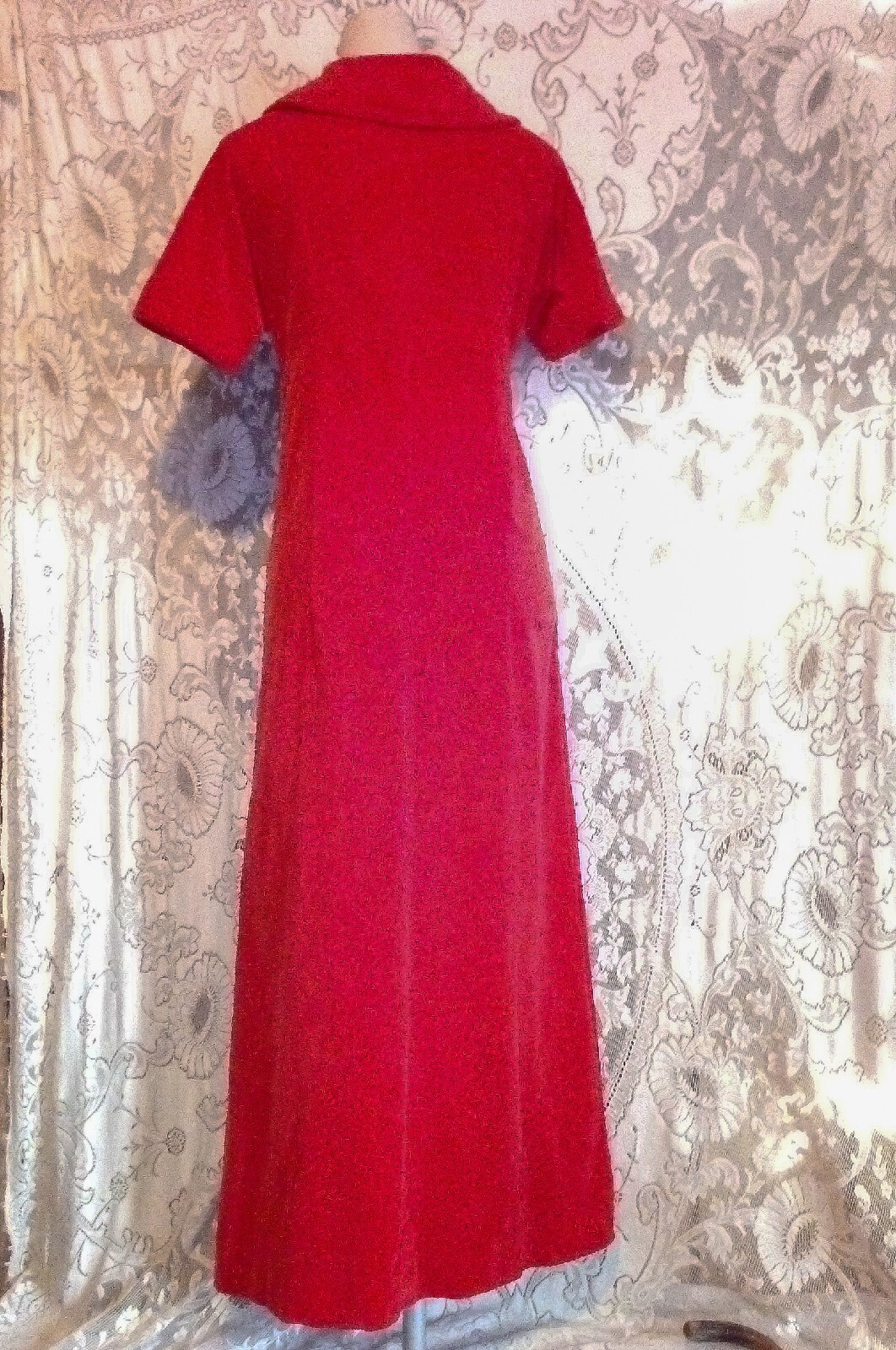 VTG 60s Empire Waist Bright Red Soft Cotton Fitted Maxi Velvet Dress S