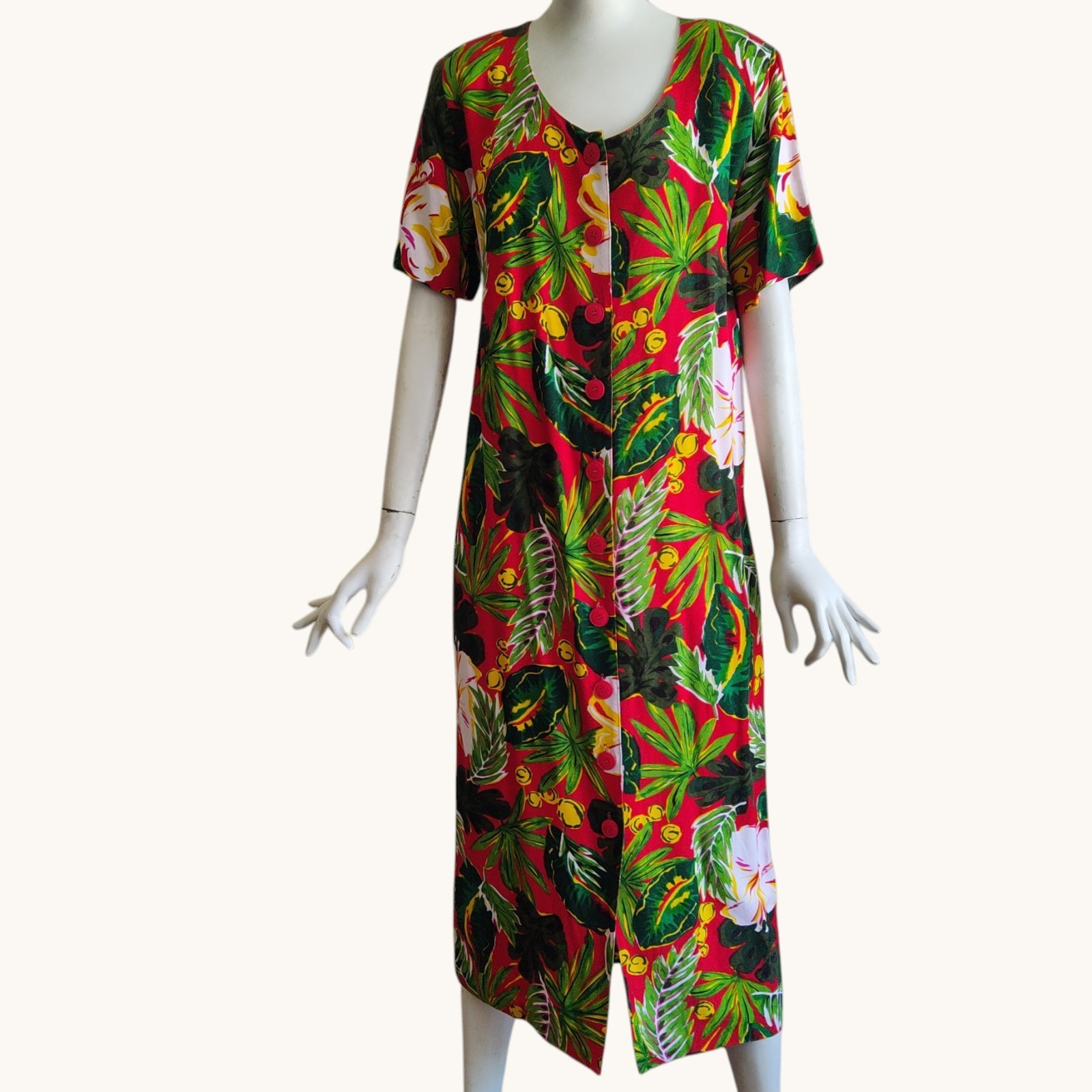 Vtg 90s Carol Anderson Tropical Floral Hibiscus Back Belt Maxi Rayon Dress L