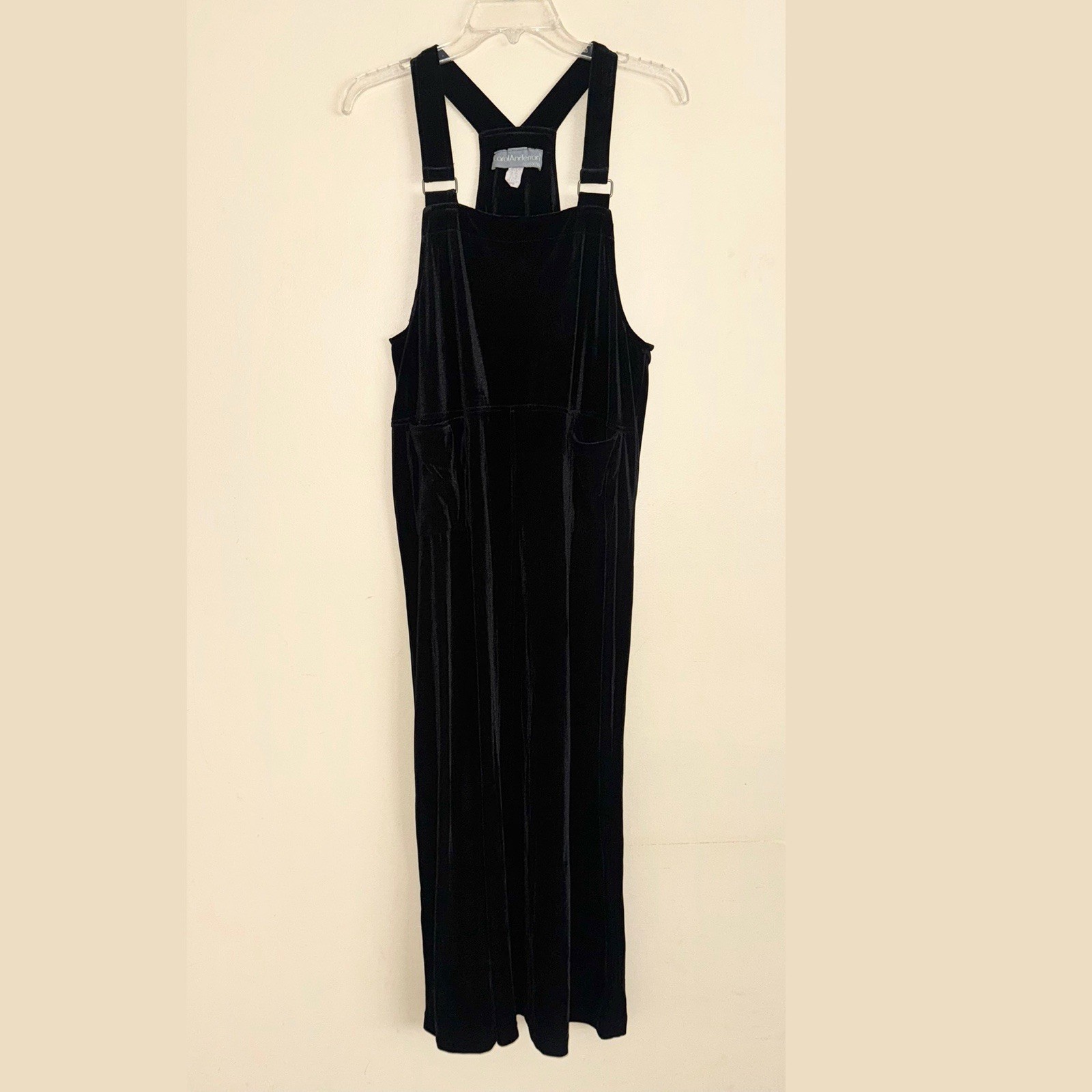 Vintage Carol Anderson California Black Velvet Pockets Overall Maxi Dress Size L