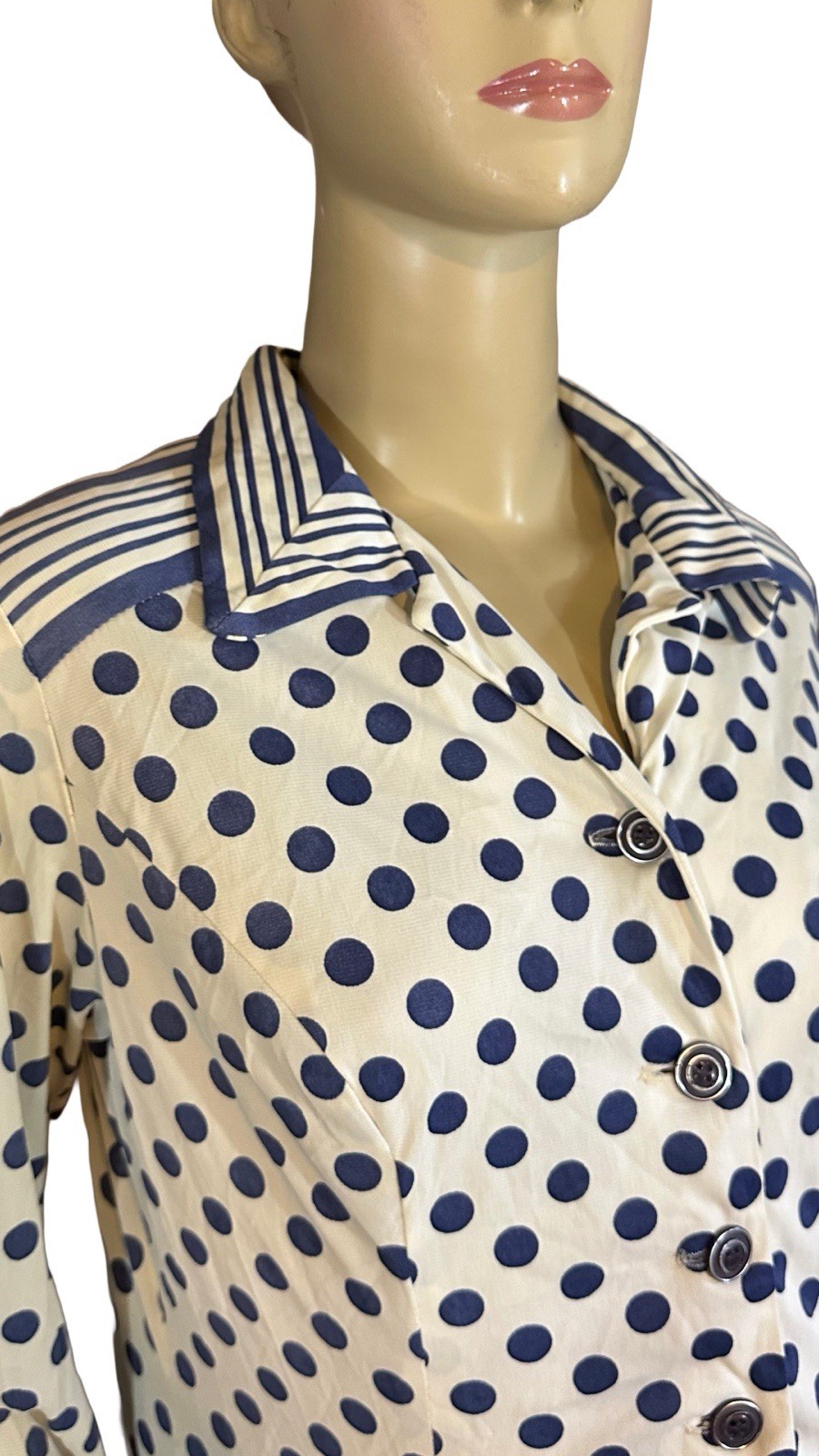 VINTAGE 1980&rsquo;S ARNEL BLUE & WHITE STRIPED & POLK A DOT PRINT SHIRT DRESS SIZE L