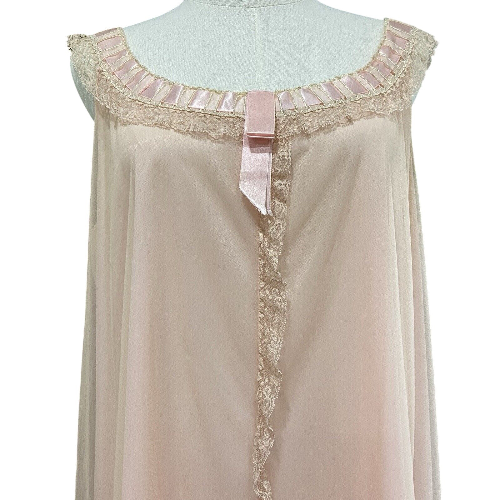 Vintage 60s Odette Barsa Pink Nylon Chiffon Ribbon Lace Maxi Nightgown Size M
