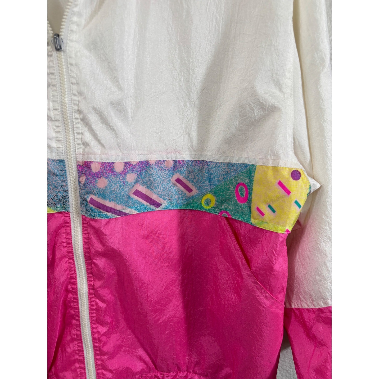 Vintage 80s Reversible Windbreaker Jacket Neon Pink White Geometric Pop Art