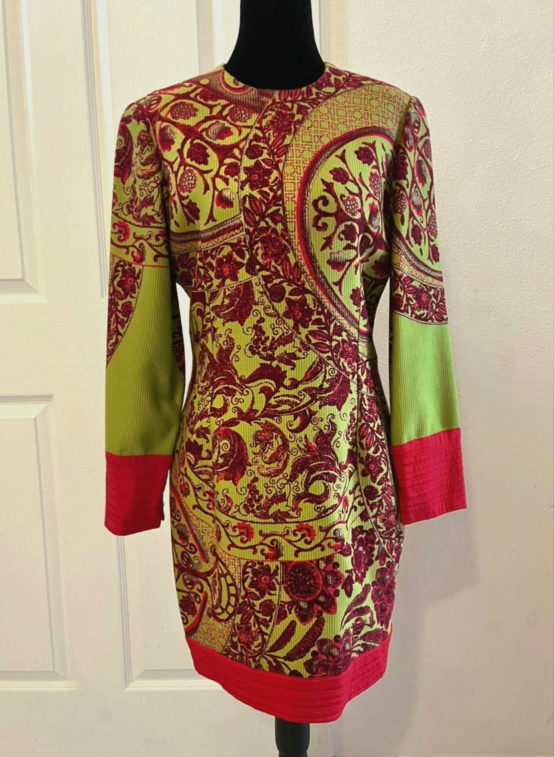 Vintage VERSACE Green & Red Floral Long Sleeve Dress, Made In Italy, Signed