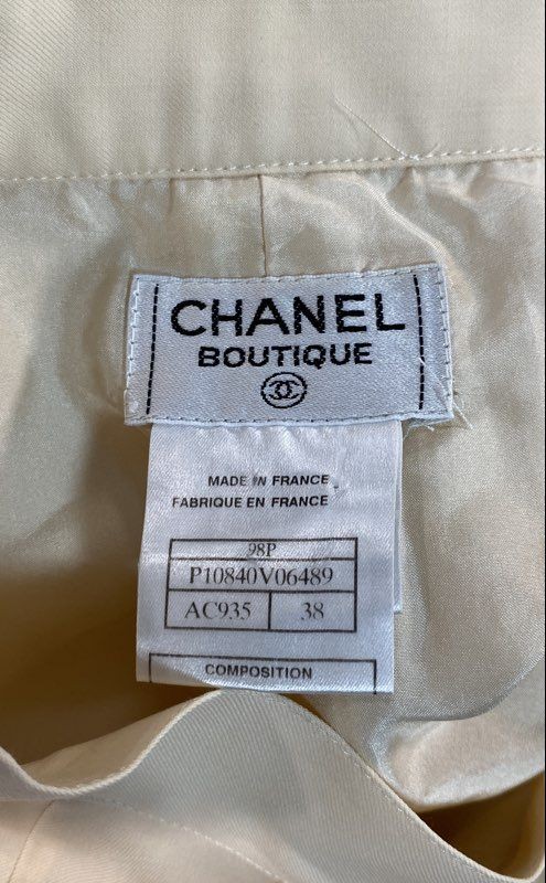 Vintage 90s Chanel Women&rsquo;s Cream Wool Silk Lined Tapered Trousers Pants Sz 38