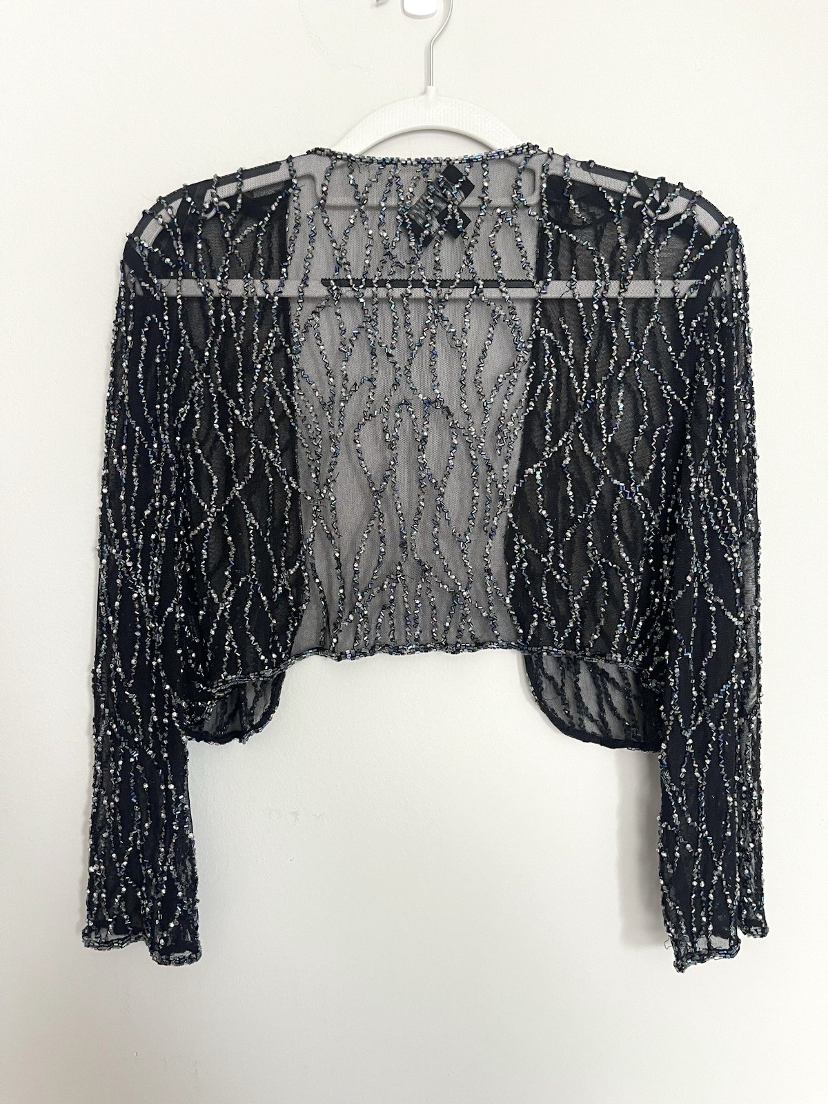 Vintage 90s Sheer Mesh Beaded Bolero Shrug Sz L Old Hollywood Glamour Whimsigoth