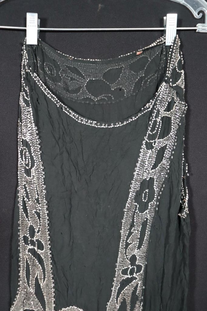 VINTAGE 1920&rsquo;S BLACK SILK CREPE FLAPPER BEADED DRESS FOR STUDY OR APPLIQUE