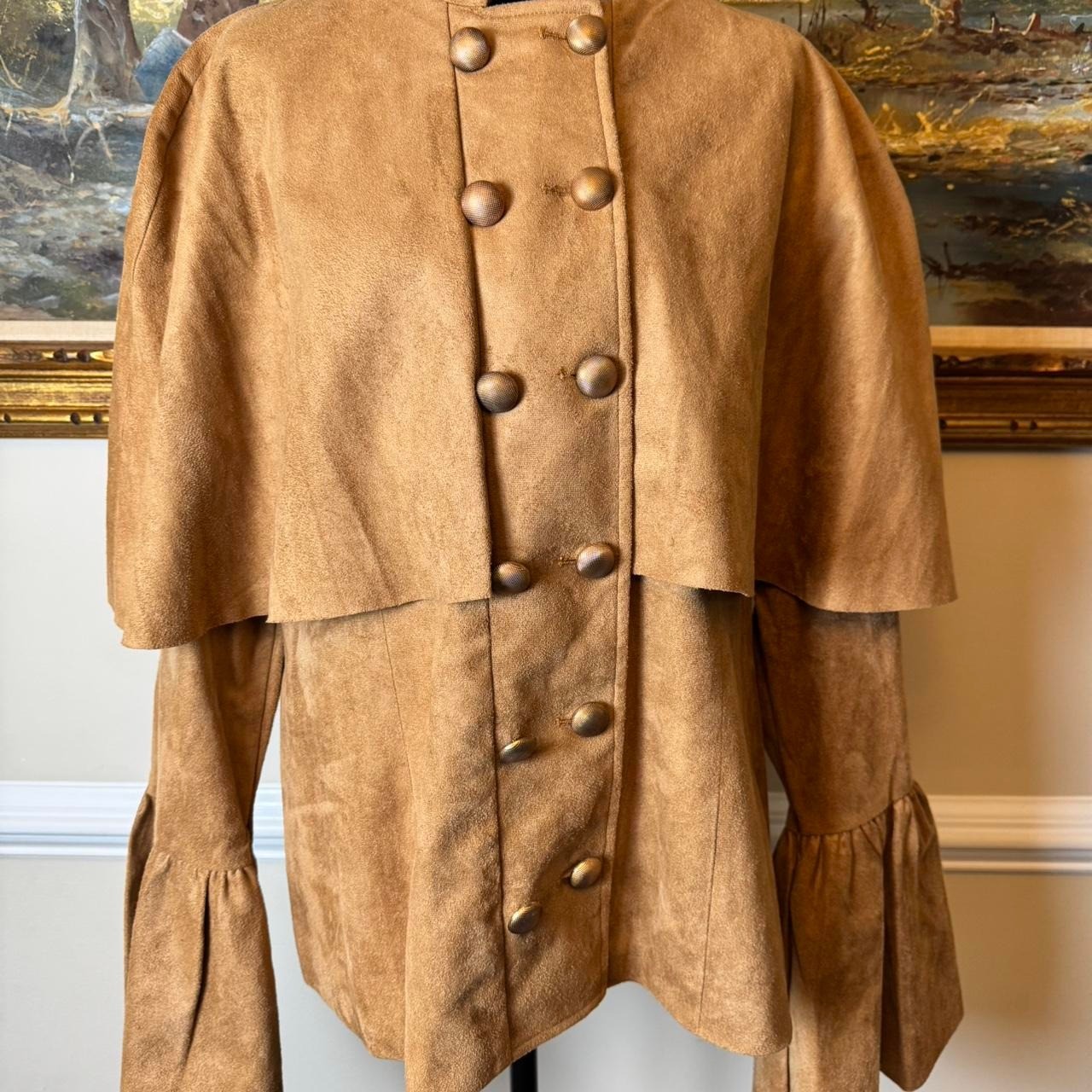 Vintage Camel Faux Suede Capelet Jacket Plus 1X Bell Sleeve Double Breasted Boho