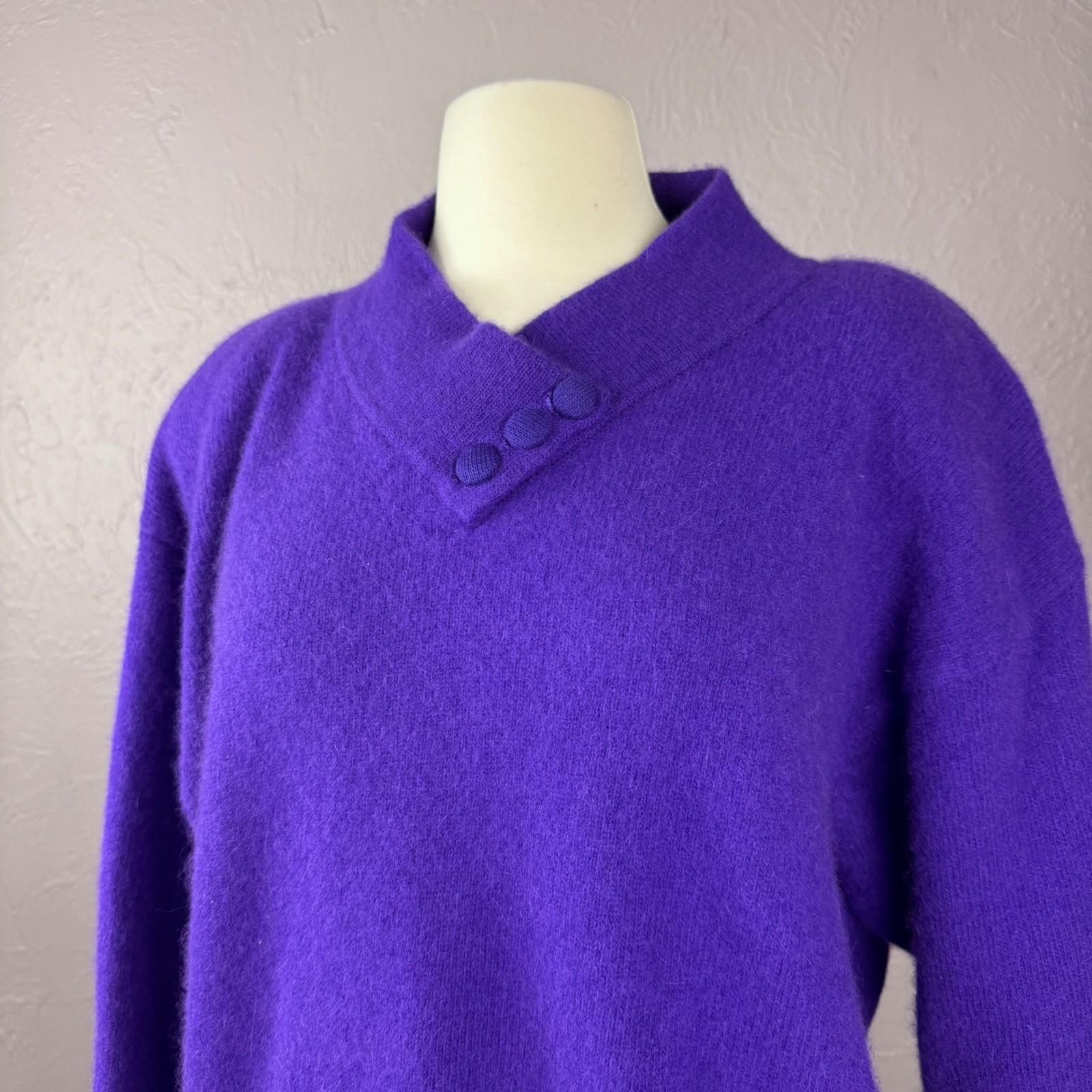 Vintage 80s purple angora lambswool sweater asymmetrical button neck large or XL