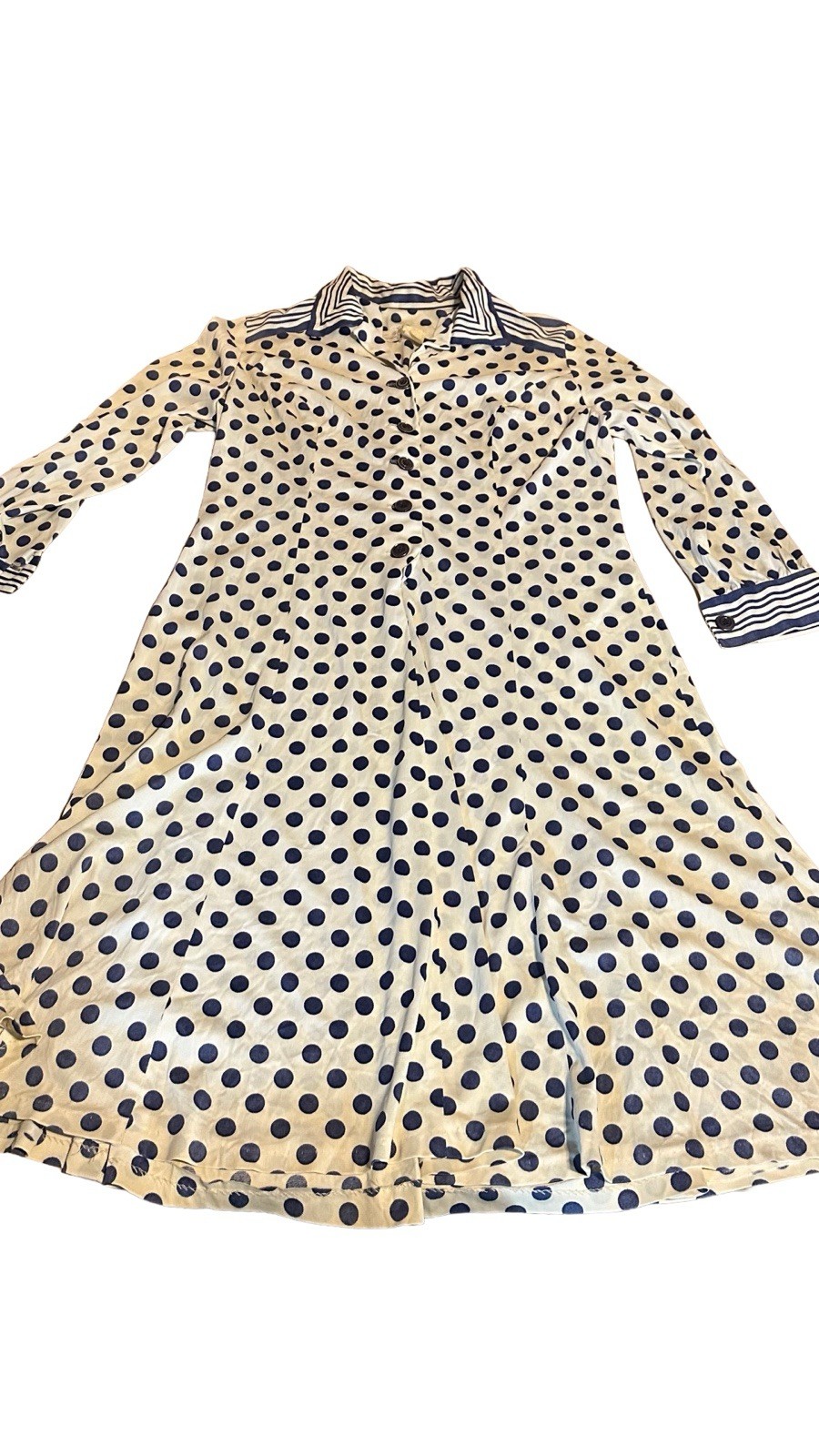 VINTAGE 1980&rsquo;S ARNEL BLUE & WHITE STRIPED & POLK A DOT PRINT SHIRT DRESS SIZE L
