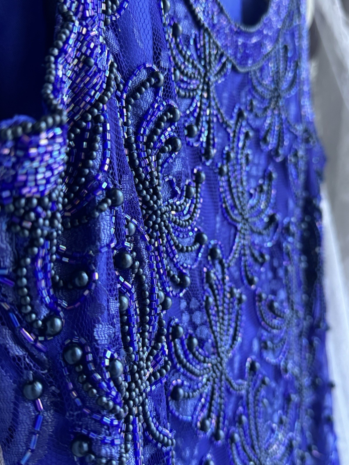 Vintage Fully Beaded Royal Blue Lace Party Dress (Size M-L) Special Occasion