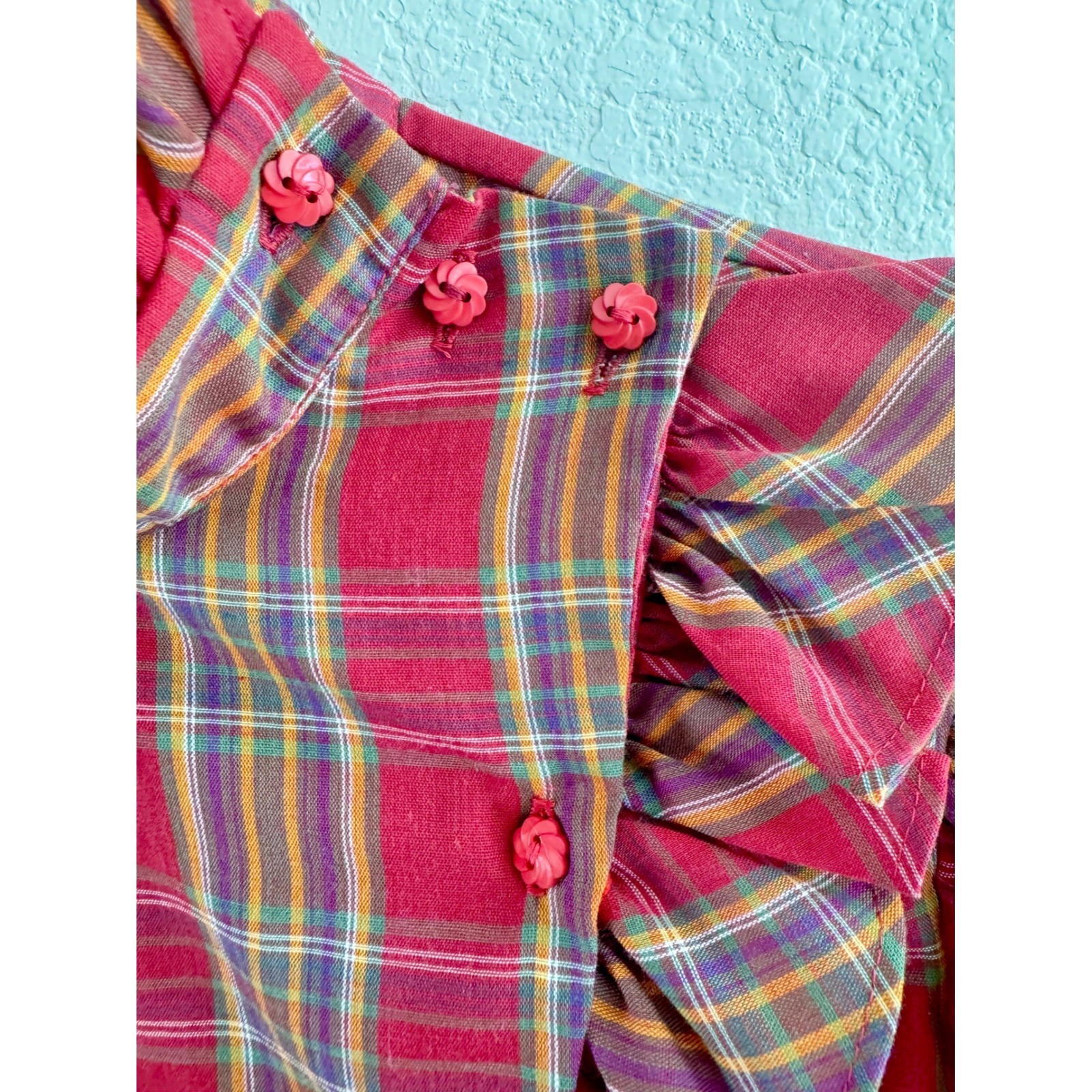 Present Tense Plaid Ruffle Blouse Womens Size M Red Vintage High Neck Victorian
