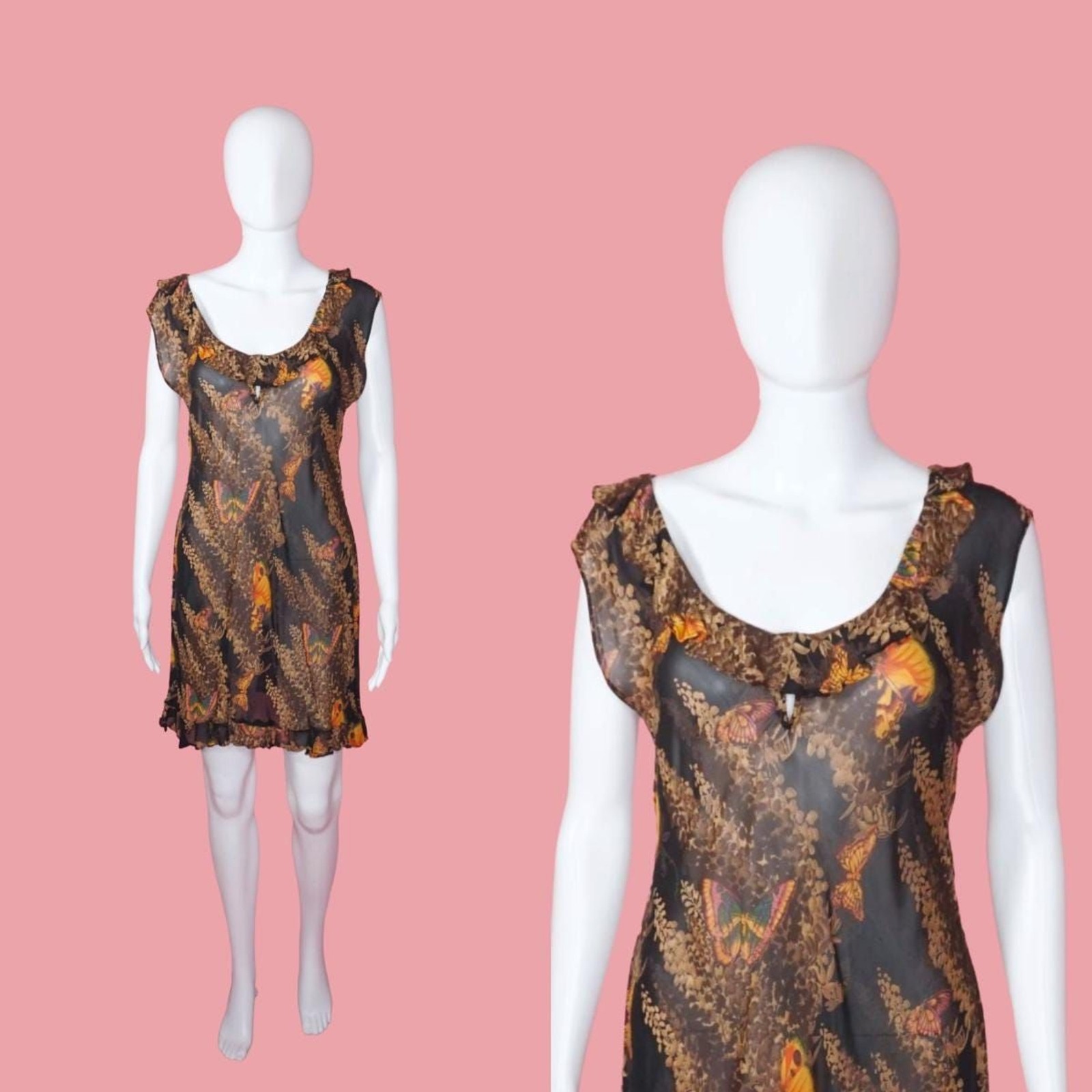 1990s BETSEY JOHNSON Semi Sheer Butterfly Dress W/Keyhole & Ruffles. S-M. AS IS