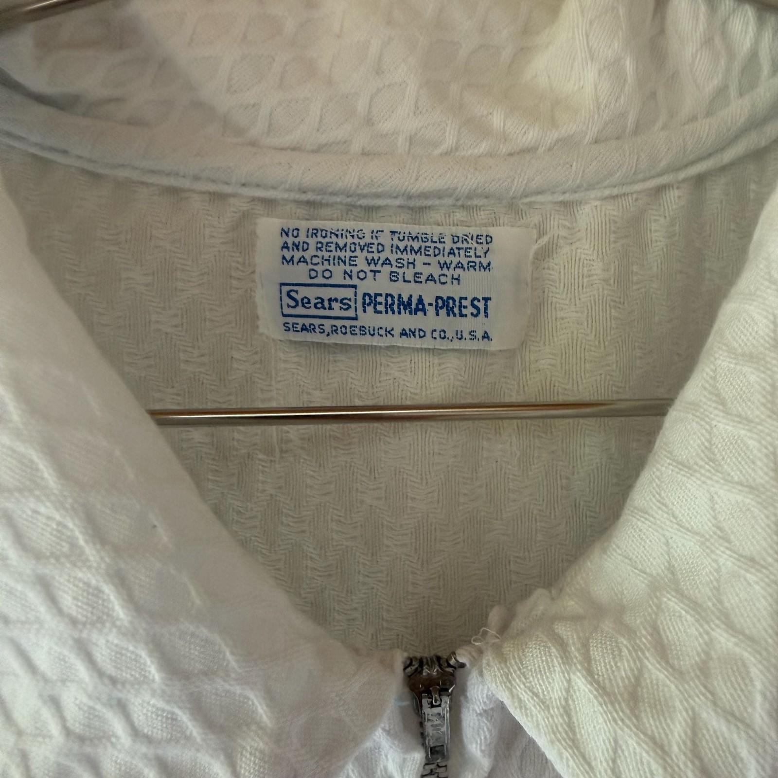 Vintage 1960s Sears Perma-Prest White Waffle Knit Zip-Front Shift Dress with But