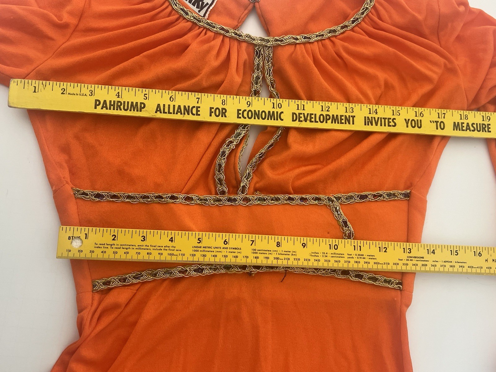 VTG 70s Funky Mod Orange Belted Maxi Dress Sexy Plunging Keyhole Front/Back Med