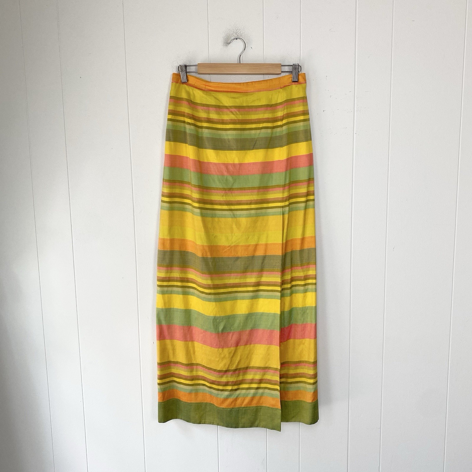 60s 70s Taffeta Multicolor Silk? Striped Maxi Skirt M 28-29” Waist Handmade
